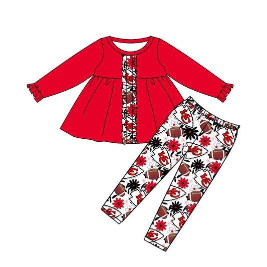 (Custom Design Preorder MOQ 5) Red Tunic Top Team's KC Flowers Pants Girls Fall Clothes Set