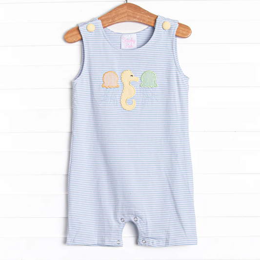 (Custom Design Preorder MOQ 5) Sea Horse Stripes Print Baby Boys Summer Romper