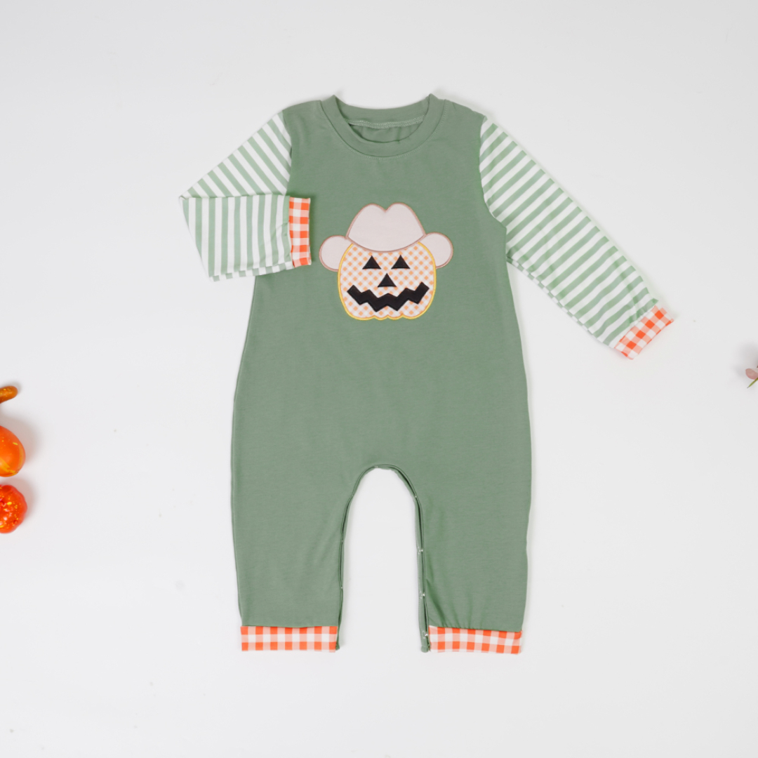 (Custom Design Preorder MOQ 5) Cowboy Pumpkin Print Baby Boys Halloween Romper