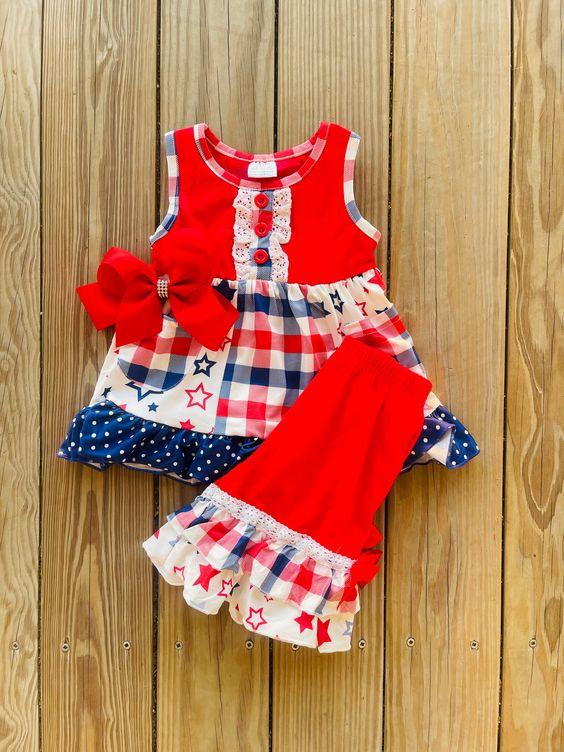 (Custom Design Preorder MOQ 5) Stars Print Pockets Tunic Top Ruffles Shorts Girls 4th of July Clothes Set