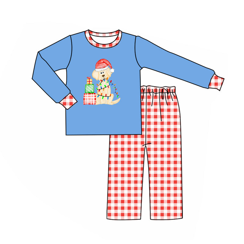 (Custom Design Preorder MOQ 5) Dog Gift Lights Blue Top Plaid Pants Boys Christmas Clothes Set