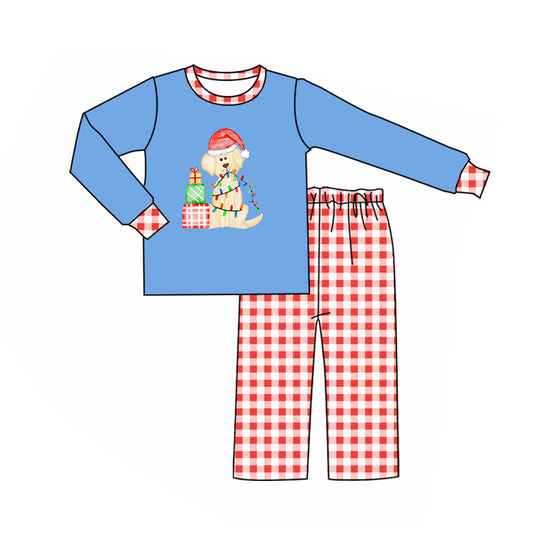 (Custom Design Preorder MOQ 5) Dog Gift Lights Blue Top Plaid Pants Boys Christmas Clothes Set