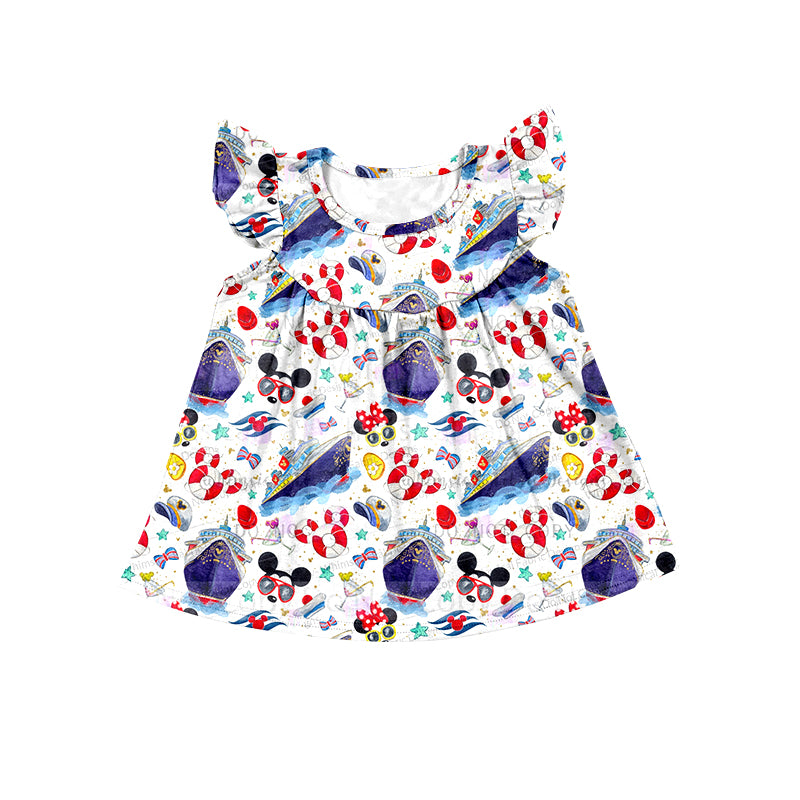 (Custom Design Preorder MOQ 5)  Cartoon Mouse Ship Print Girls Knee Length Summer Dress