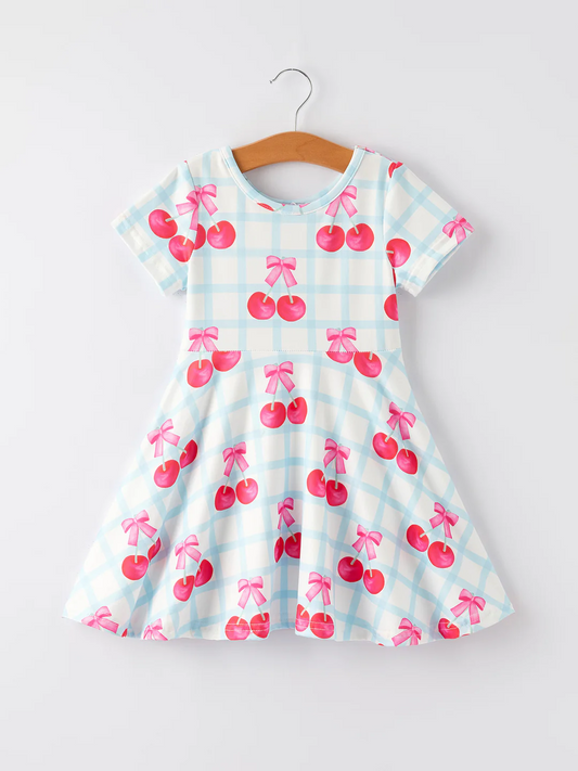 (Custom Design Preorder MOQ 5) Cherry Plaid Print Girls Summer Knee Length Dress