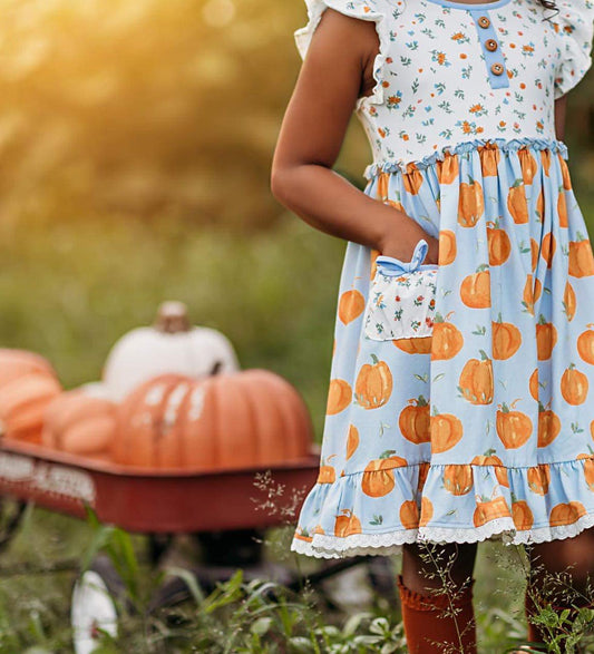 (Custom Design Preorder MOQ 5)  Pumpkin Flowers Print Girls Knee Length Fall Dress