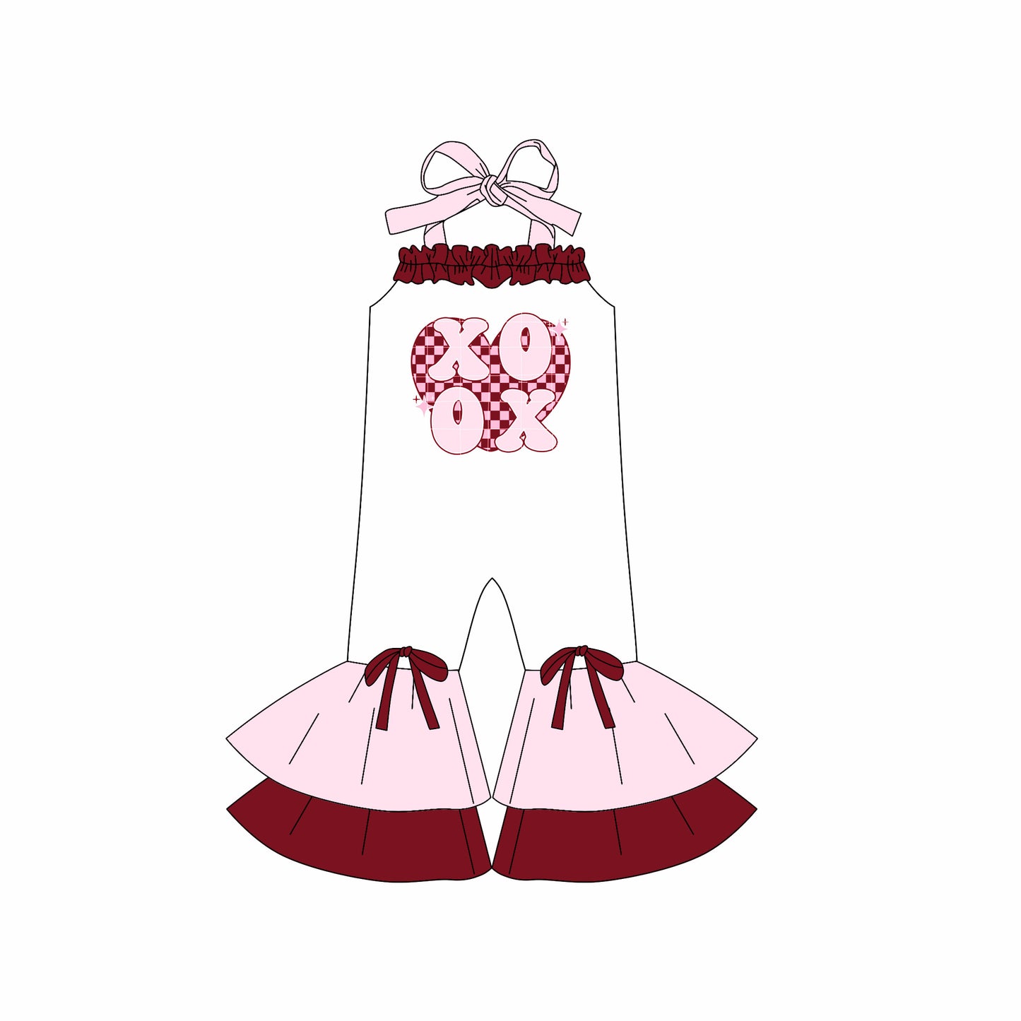 (Custom Design Preorder MOQ 5) Heart XOXO Print Girls Valentine's Day Halter Jumpsuits