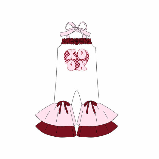 (Custom Design Preorder MOQ 5) Heart XOXO Print Girls Valentine's Day Halter Jumpsuits