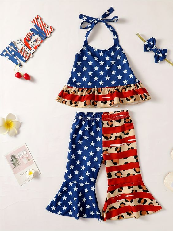 (Custom Design Preorder MOQ 5)  Halter Top Stars Leopard Bell Pants Girls 4th of July Clothes Set