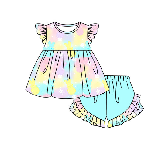 (Custom Design Preorder MOQ 5) Bunny Tie-dye Top Ruffle Shorts Girls Easter Clothes Set