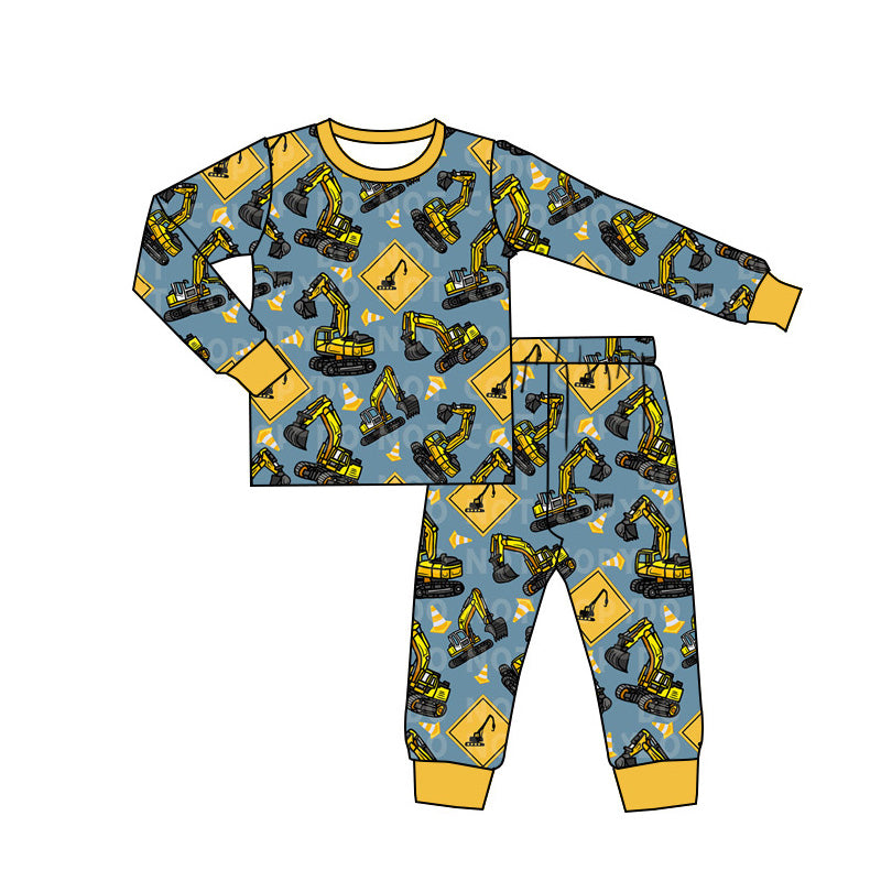 (Custom Design Preorder MOQ 5) Construction Print Boys Fall Bamboo Pajamas Clothes Set