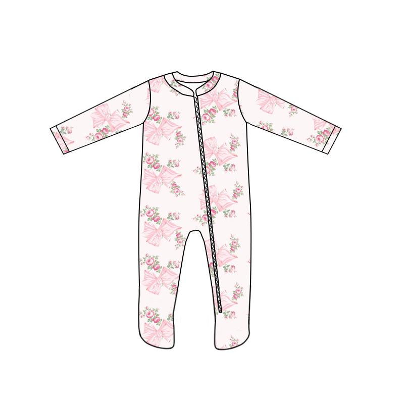 (Custom Design Preorder MOQ 5) Flowers Pink Bows Print Baby Girls Bamboo Sleeper Zipper Romper