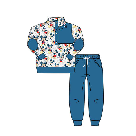 11.16(Custom Design Preorder MOQ 5) Cartoon Mouse Pullover Top Blue Pants Boys Fall Clothes Set