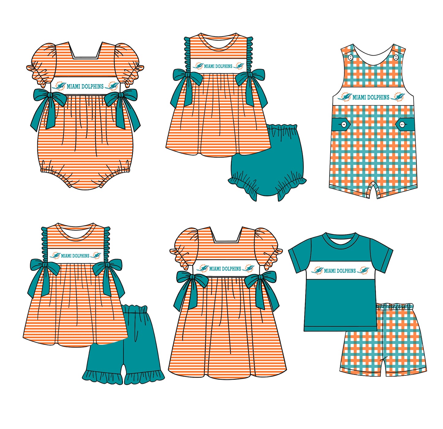 (Custom Design Preorder MOQ 5 Each Design) Team's Miami Dolphins Print Kids Summer Matching Clothes Sibling Wear
