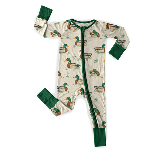 (Custom Design Preorder MOQ 5)  Duck Print Baby Boys Fall Bamboo Sleeper Zipper Romper