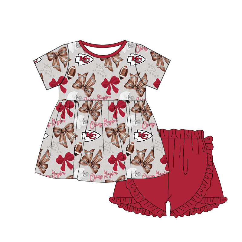 (Custom Design Preorder MOQ 5) Team's Chiefs Bows Tunic Top Red Shorts Girls Summer Clothes Set