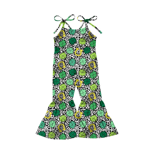 (Custom Design Preorder MOQ 5) Green Quatrefoil Horseshoe Print Girls St. Patrick's Jumpsuit