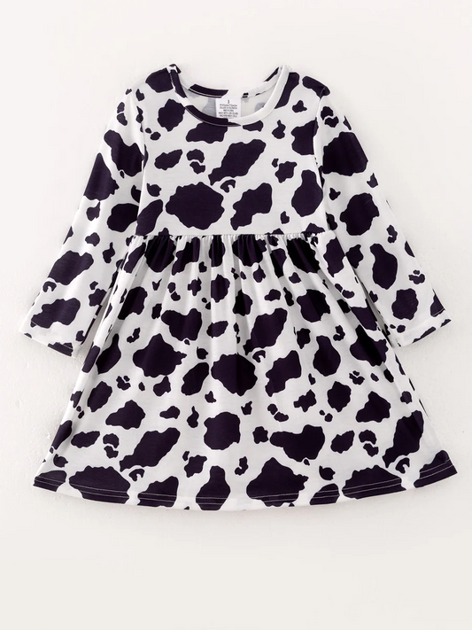 (Custom Design Preorder MOQ 5)  Black Cowhide Print Girls Knee Length Dress