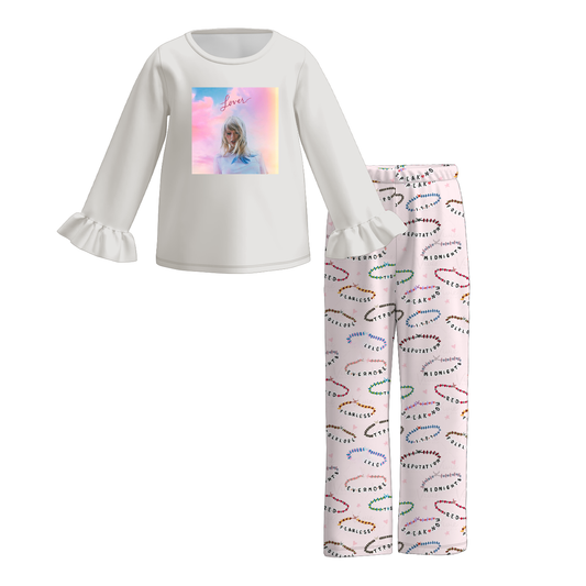 (Custom Design Preorder MOQ 5)  Loves White Top Singer Swiftie Pants Girls Fall Clothes Set