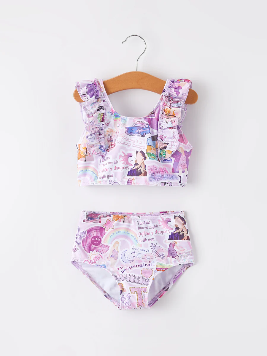 (Custom Design Preorder MOQ 5)  Singer Swiftie Purple Print Girls 2 Piece Swimsuits