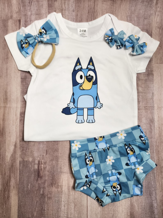 (Custom Design Preorder MOQ 5) Cartoon Blue Dog Flowers Print Baby Girls Summer Bummie Set
