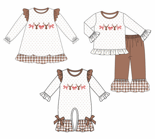 7.10(Custom Design Preorder MOQ 5 Each Design) Bows Deer Print Girls Fall Matching Clothes Sisters Wear