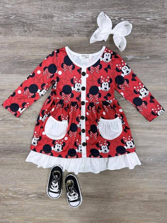 (Custom Design Preorder MOQ 5) Cartoon Mouse Print Pockets Girls Knee Length Fall Dress