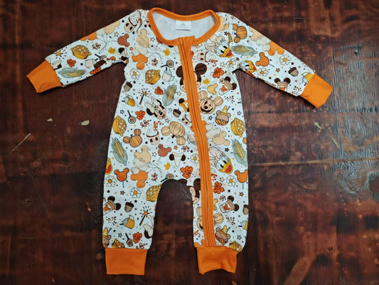 (Custom Design Preorder MOQ 5)  Cartoon Mouse Pumpkin Print Baby Fall Bamboo Sleeper Zipper Romper