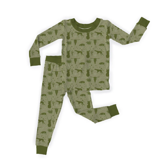 (Custom Design Preorder MOQ 5) Dog Deer Green Print Boys Hunting Bamboo Pajamas Clothes Set