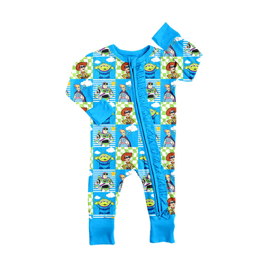 (Custom Design Preorder MOQ 5) Cartoon Toys Plaid Print Baby Girls Fall Sleeper Zipper Romper