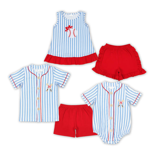 Baseball Embroidery Blue Stripes Print Sibling Summer Matching Clothes