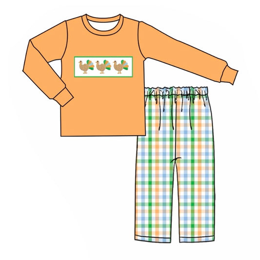 (Custom Design Preorder MOQ 5) Turkey Orange Top Plaid Pants Boys Thanksgiving Clothes Set