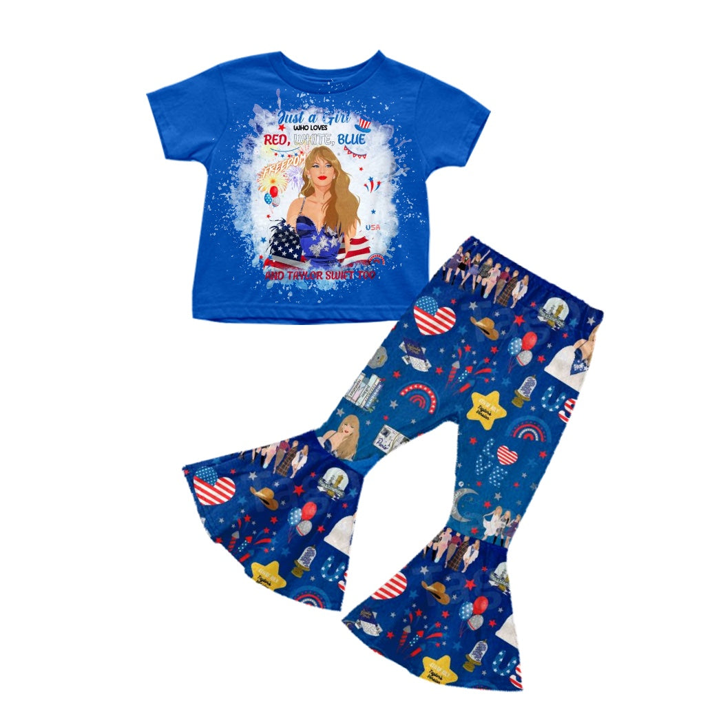 (Custom Design Preorder MOQ 5) Singer Design Flag Print Girls 4th of July Clothes Set