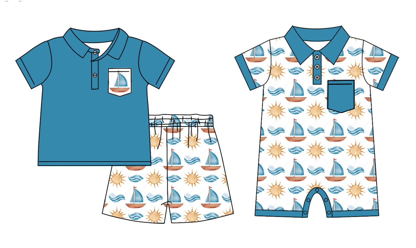 12.13(Custom Design Preorder MOQ 5 Each Design) Sailboat Print Boys Summer Matching Clothes Brothers Wear