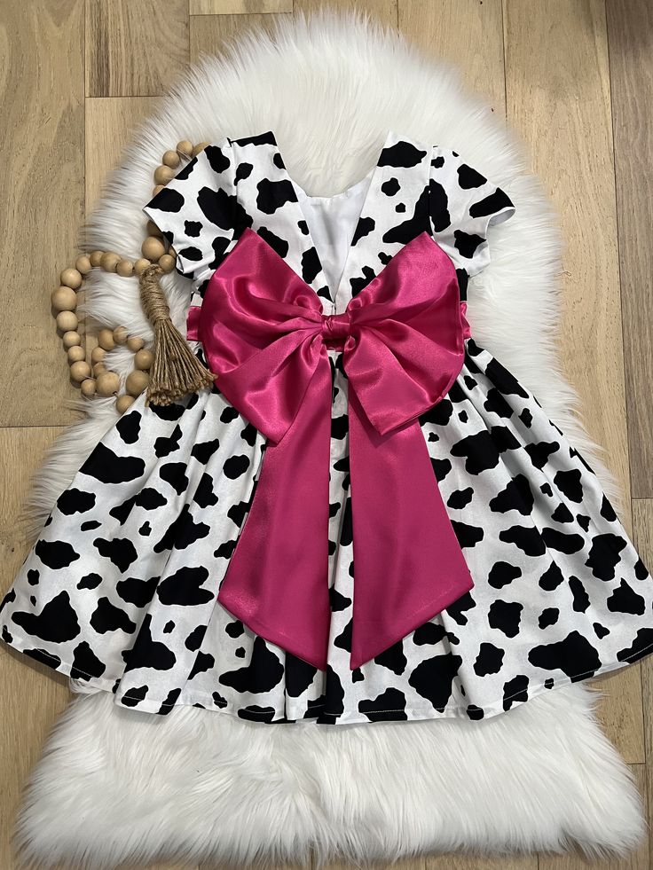 (Custom Design Preorder MOQ 5) Black Cowhide Print Big Bow Girls Summer Knee Length Dress