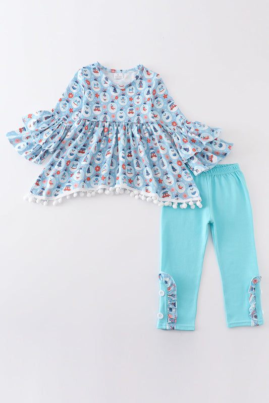 (Custom Design Preorder MOQ 5) Santa Candy House Tunic Top Blue Pants Girls Christmas Clothes Set