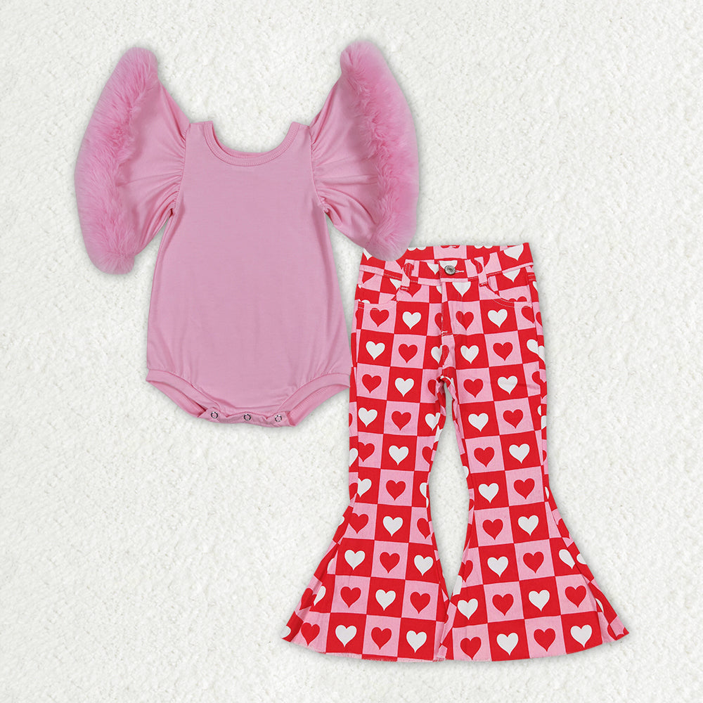 SR0583+P0324 Pink Fur Sleeve Romper Heart Jeans Baby Girls Valentine's Day Clothes Set