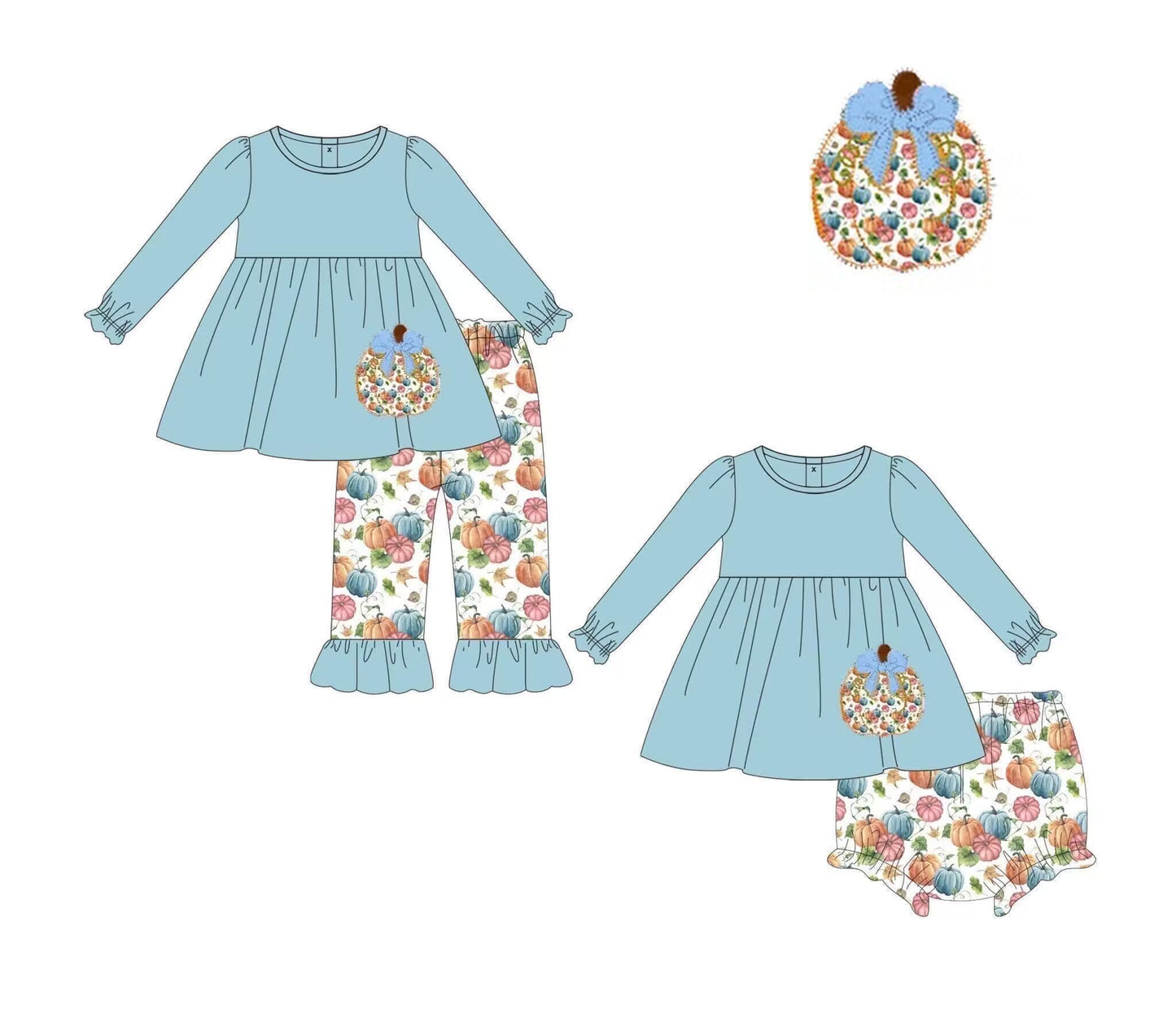 (Custom Design Preorder MOQ 5)  Pumpkin Print Baby Girls Fall Bummie Sets