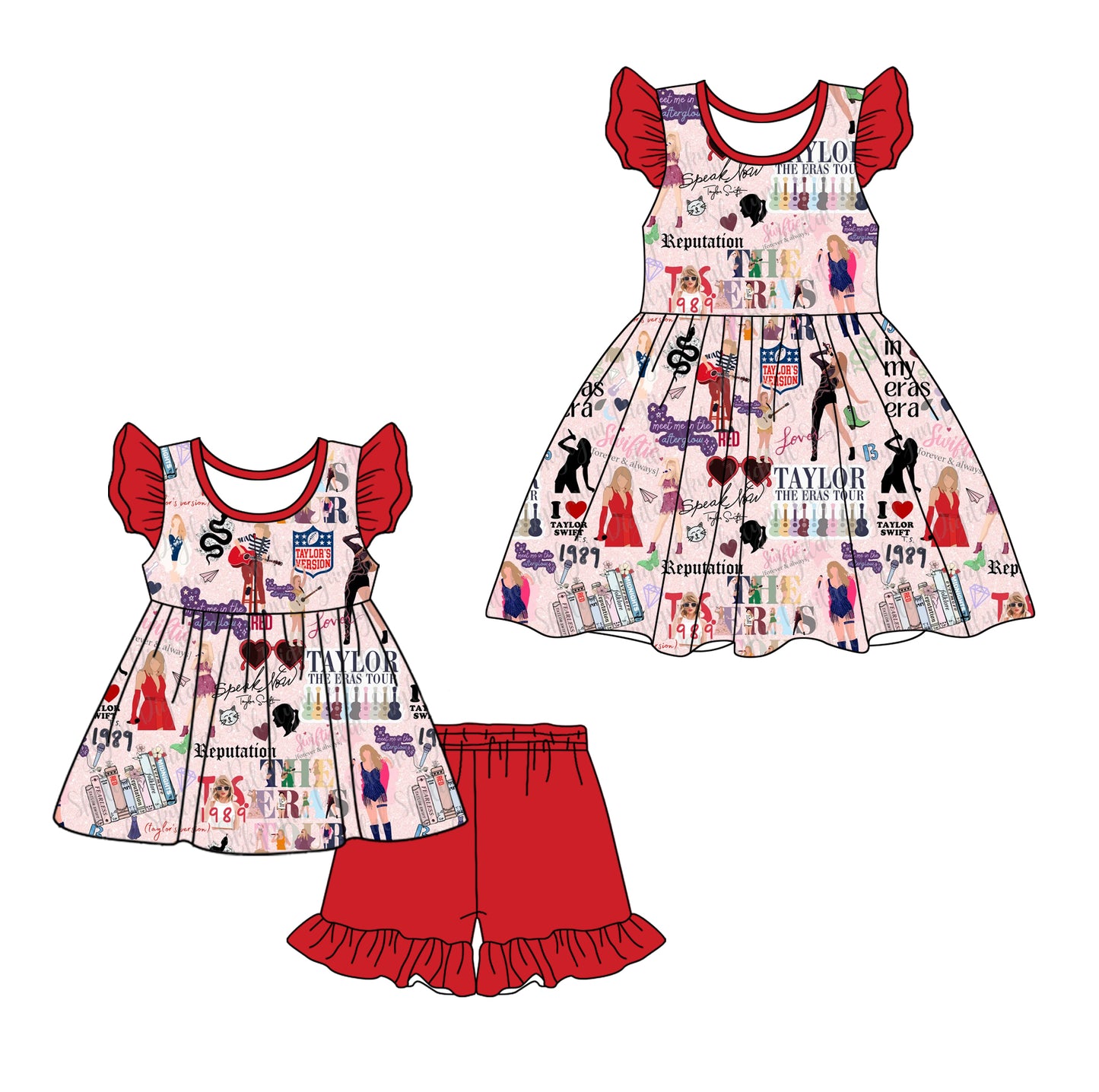 12.11(Custom Design Preorder MOQ 5 Each Design) Singer Swiftie Red Print Girls Summer Matching Clothes Sisters Wear