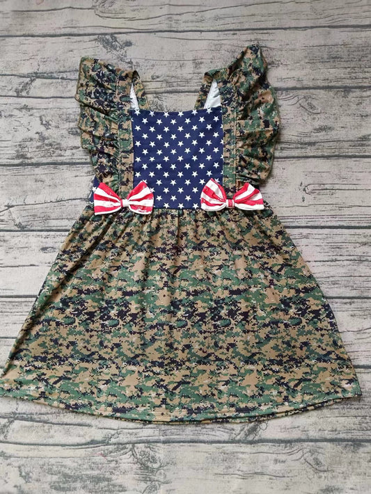 (Custom Design Preorder MOQ 5) Camo Stars Print Girls Knee Length 4th of July Dress