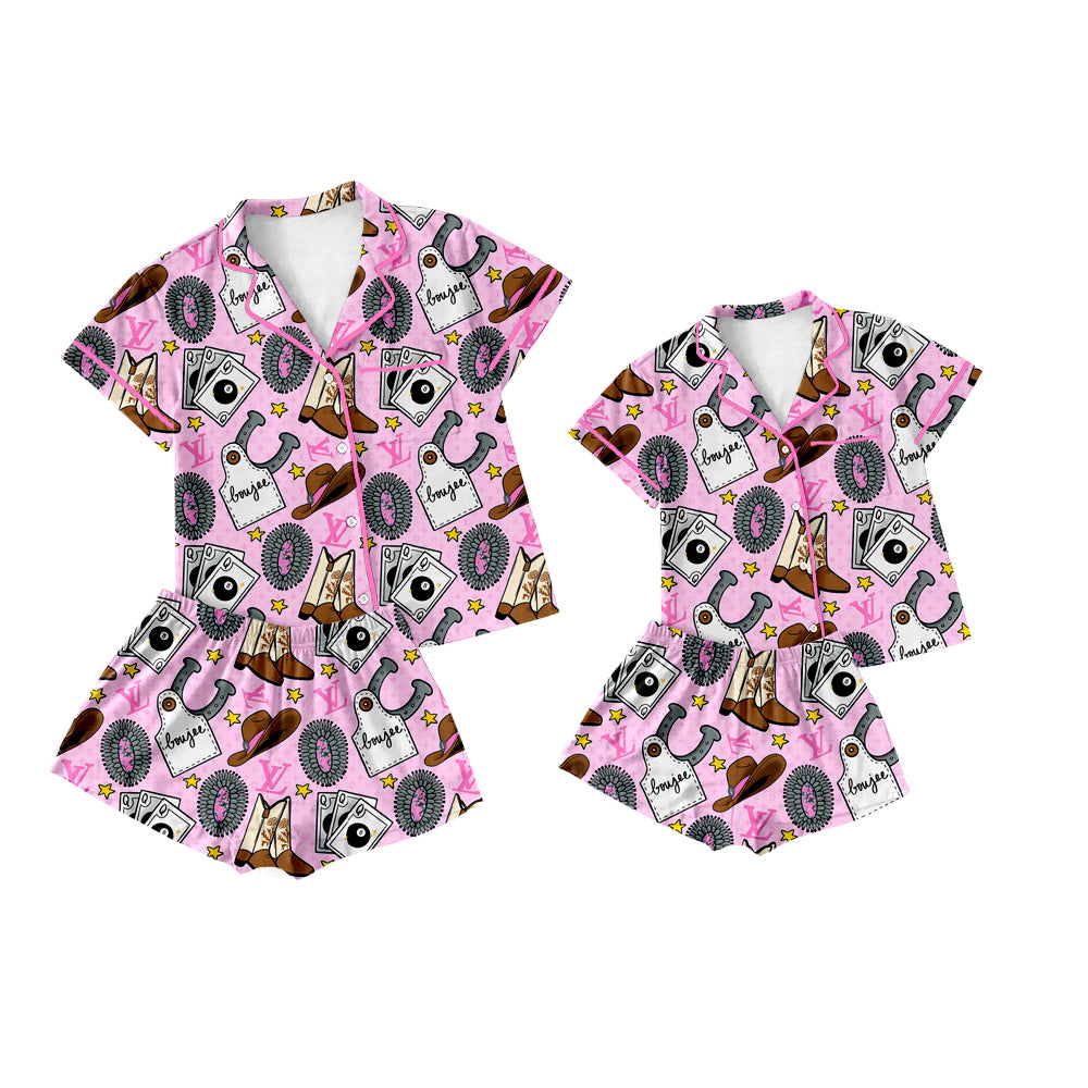 12.5(Custom Design Preorder MOQ 5 Each Design) Turquoise Boots L*V* Western Print Buttons Pajamas Sets Mom and Me Summer Matching Clothes
