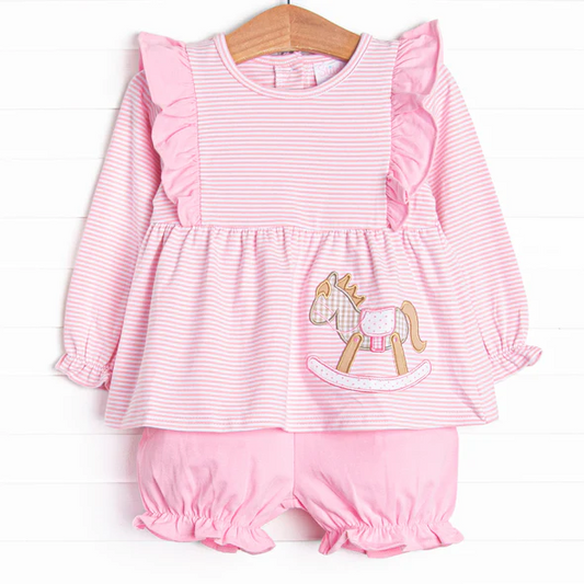 (Custom Design Preorder MOQ 5) Trojan Horse Pink Stripes Print Baby Girls Fall Bummie Set