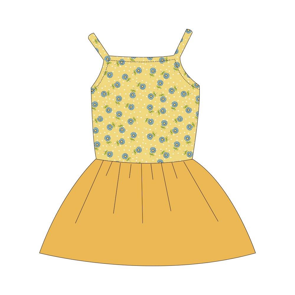 (Custom Design Preorder MOQ 5) Small Flowers Print Girls Summer Yellow Knee Length Dress