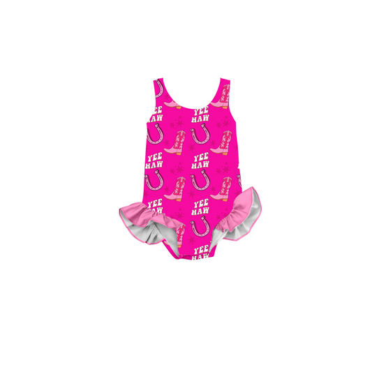 (Custom Design Preorder MOQ 5)  YEE HAW Boots Print Girls 1 Piece Western Swimsuits