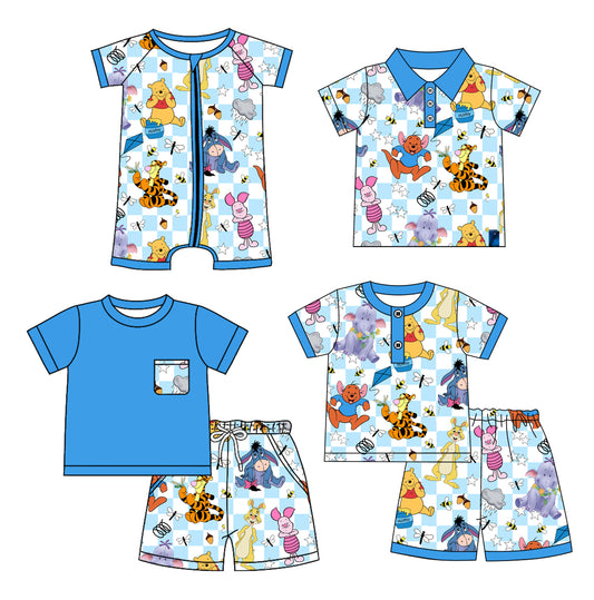 12.25(Custom Design Preorder MOQ 5 Each Design) Cartoon Animals Winni* Blue Print Boys Summer Matching Clothes Brothers Wear