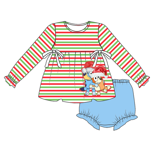 (Custom Design Preorder MOQ 5)  Cartoon Dog Stripes Top Blue Shorts Baby Girls Christmas Bummie Set