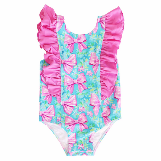 (Custom Design Preorder MOQ 5) Bows Flowers Print Ruffle Girls 1 Piece Swimsuits