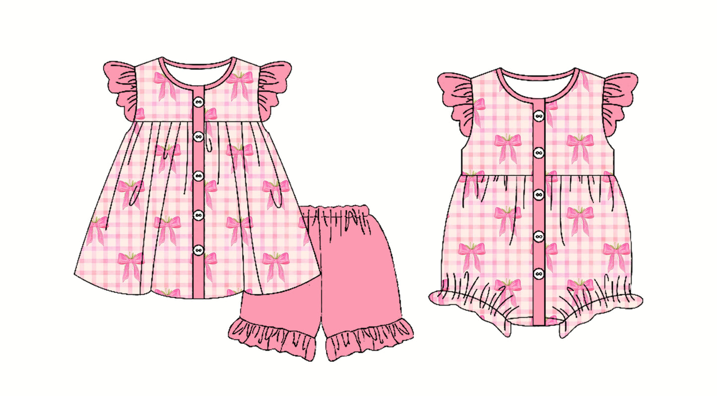 2.22(Custom Design Preorder MOQ 5 Each Design) Pink Bows Plaid Print Girls Summer Matching Clothes Sisters Wear