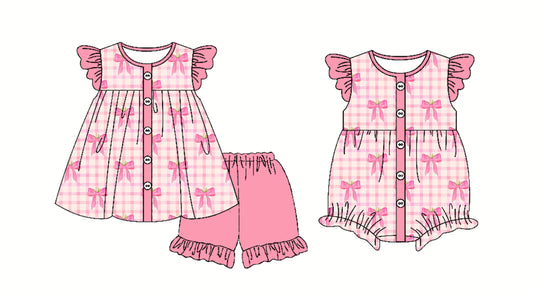 2.22(Custom Design Preorder MOQ 5 Each Design) Pink Bows Plaid Print Girls Summer Matching Clothes Sisters Wear