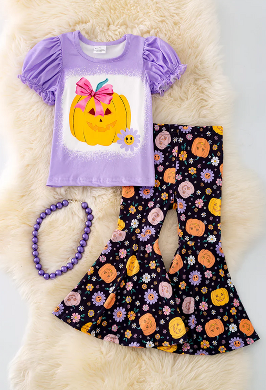 (Custom Design Preorder MOQ 5)  Pumpkin Flowers Print Girls Halloween Clothes Set