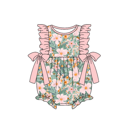 (Custom Design Preorder MOQ 5) Pink Flowers Print Baby Girls Summer Romper